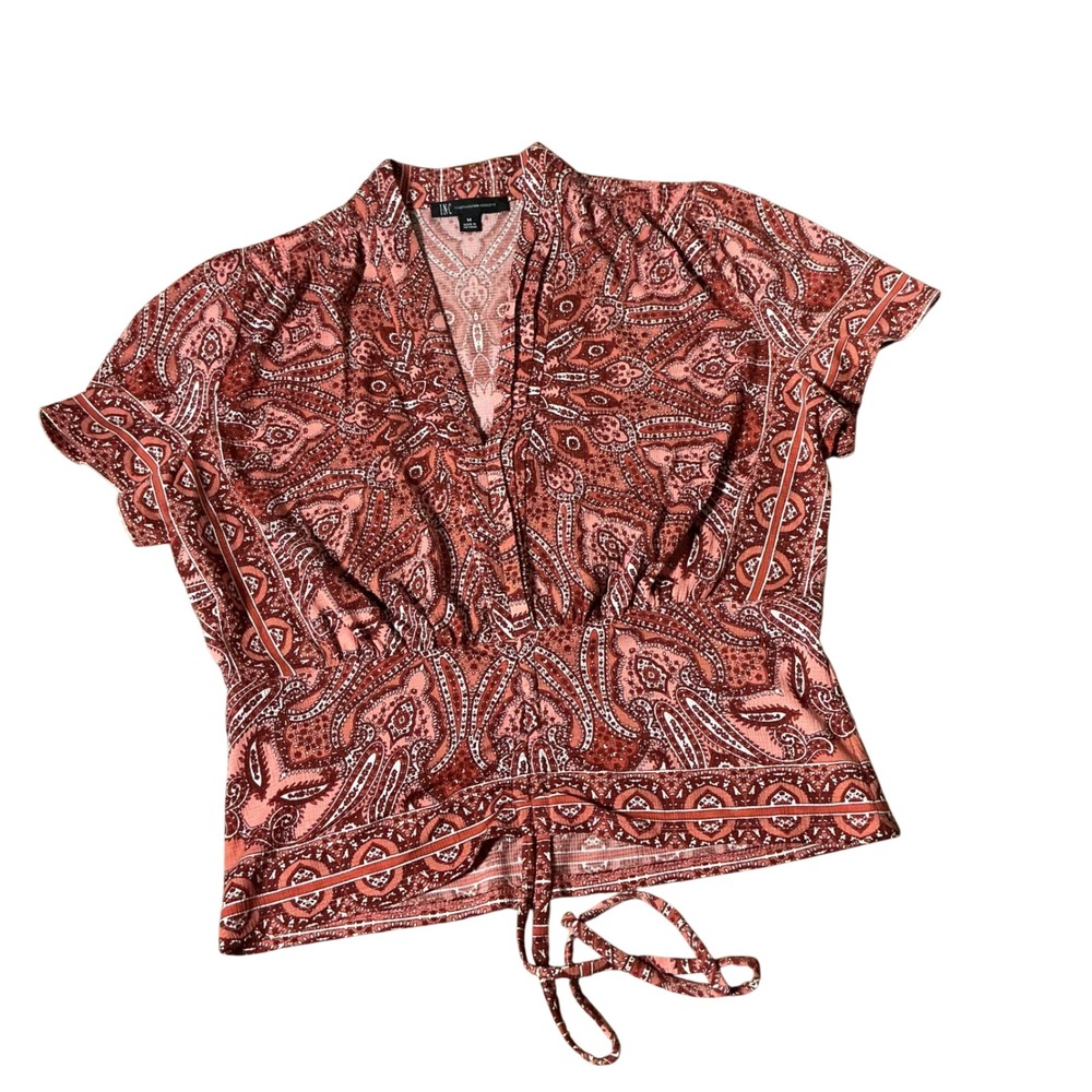 INC International Bohemian Womens Orange Paisley V-Neck Blouse Medium 100097427